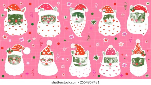 Cute Santa Claus vector cat heads, faces, halftone Christmas art collage for greeting cards, pet stores and products