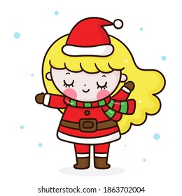 Cute santa claus vector girl merry christmas kawaii cartoon x mas festival happy new year: Series fairy tale characters (flat Girly doodles). Perfect Nursery children, kids, greeting card,baby shower.