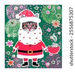 Cute Santa Claus vector kitty collage with cute cat with eyeglasses, beard, Santa hat and coffee, Christmas illustration collage banner or poster