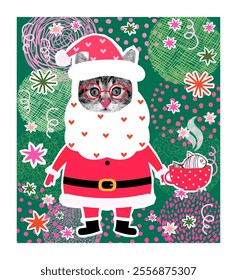 Cute Santa Claus vector kitty collage with cute cat with eyeglasses, beard, Santa hat and coffee, Christmas illustration collage banner or poster