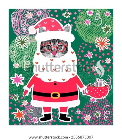 Cute Santa Claus vector kitty collage with cute cat with eyeglasses, beard, Santa hat and coffee, Christmas illustration collage banner or poster