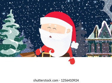 Cute Santa Claus with village scene in background and copyspace. Christmas greeting card. For leaflets, brochures, invitations, posters or banners.