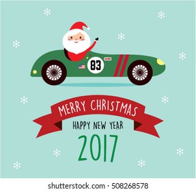cute santa claus in vintage racing car 2017 merry christmas and happy new year greeting vector