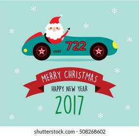 cute santa claus in vintage racing car 2017 merry christmas and happy new year greeting vector