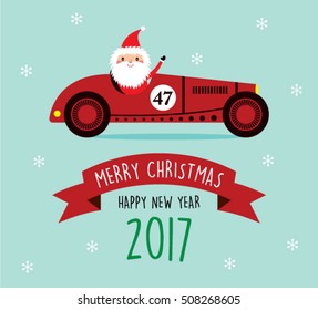 cute santa claus in vintage racing car 2017 merry christmas and happy new year greeting vector