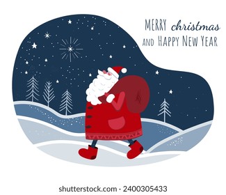 Cute Santa Claus walks along a winter road with a bag of gifts. Santa claus is carrying gifts for children. Merry Christmas.