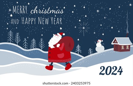 Cute Santa Claus walks along a winter road with a bag of gifts. Santa claus is carrying gifts for children. Merry Christmas.