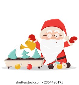 Cute Santa Claus watering small spruces. Home gardening. Christmas, New Year coloured vector illustration. Collection of Santa in cartoon style. Humour