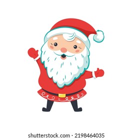 Cute Santa Claus waving his hand saying Hello. Funny Christmas character raising his hand up. Xmas and New Year winter holidays decoration for party invitation, banner, greeting card cartoon vector
