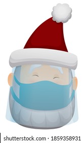 Cute Santa Claus wearing a face shield and half-mask, promoting safety against COVID-19 at Xmas.