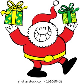 Cute Santa Claus while grinning, raising a leg and holding beautiful Christmas presents with his hands up