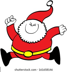 Cute Santa Claus while smiling mischievously, clenching his eyes and fists, running and jumping joyfully