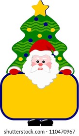 Cute Santa Claus with white plain label in hands and Xmas tree behind him.