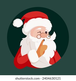 Cute Santa Claus winking and putting finger to lips and asking for silence. Flat cartoon style vector illustration. For Christmas cards. Holiday cartoon character