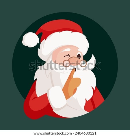 Cute Santa Claus winking and putting finger to lips and asking for silence. Flat cartoon style vector illustration. For Christmas cards. Holiday cartoon character