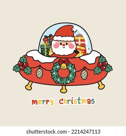 Cute santa claus withgift box stay in UFO with merry christmas text.Cartoon hand drawn.Holly and light.Winter.Isolated.Kawaii.Vector.Illustration.