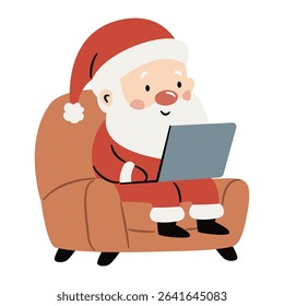 Cute Santa Claus is working at his laptop sitting in a chair. Flat vector illustration on white background in simple child style
