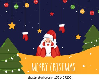 Cute santa claus with xmas tree, hanging gloves, stars and bauble garlands decorated on purple and yellow background for Merry Christmas celebration concept.