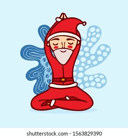 Cute Santa Claus in yoga pose on an abstract background.