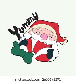 Cute Santa Claus with "Yummy" text happily enjoying delicious food. Perfect for Christmas greeting cards, festive sticker collections, seasonal holiday decorations, and joyful winter designs.