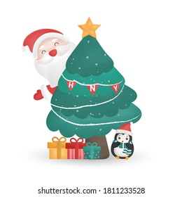Cute Santa clause  and Christmas tree in water color style for greeting card.