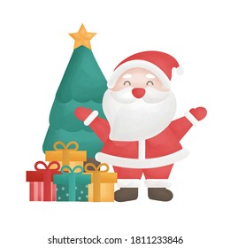 Cute Santa clause and Christmas tree in water color style.