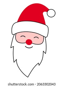 Cara de Santa Cláusula con barba y sombrero rojo. Ilustración de carácter navideño aislada en fondo blanco. Retrato de caricatura del padre Frost, que sonríe. Vacaciones de invierno Elemento de diseño Año nuevo. Vector. 