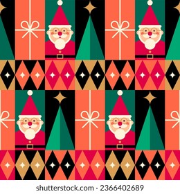 Cute santa clause and geometric elements seamless pattern design for christmas and new year holidays.