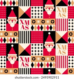 Cute santa clause and geometric elements with grid pattern design for christmas and new year holidays.