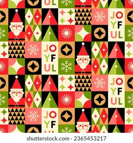 Cute santa clause and geometric icon seamless pattern design for christmas and new year holidays.