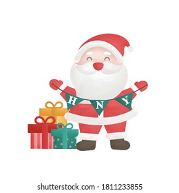 Cláusula Santa y cajas de regalo en color de agua para tarjeta de felicitación.