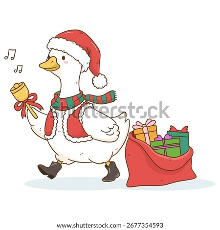 Cute Santa clause goose with bell illustration by hand drawn 