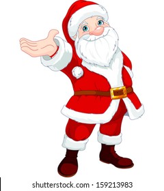 Cute  Santa Clause with his arm raised to present something, sing or announce. 