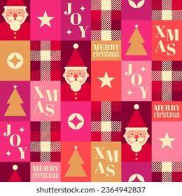 Cute santa clause, plaid and typography design with rectangular pattern for christmas and new year holidays.