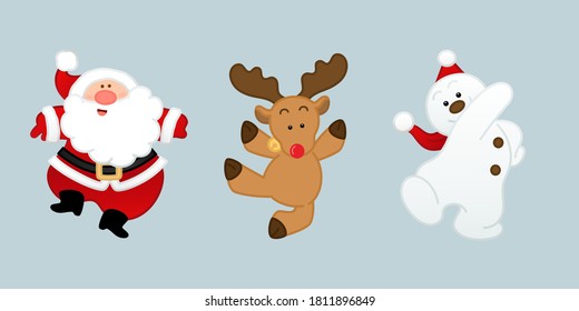 Cute Santa clause, Reindeer and Snowman cartoon vector isolated on light gray background. Illustration character set for your design