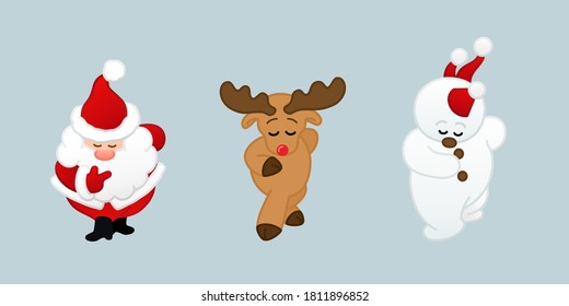 Cute Santa clause, Reindeer and Snowman cartoon vector isolated on light gray background. Illustration character set for your design