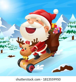cute santa clause riding on reindeer scooter with alot of gift in big bag in christmas snow scene.merry chrismas.happy chrismas. winter landscape.