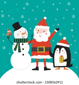 Cute Santa clause, snowman and penguin, Cute Christmas Character, vector illustration