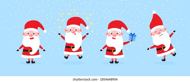Cute Santa Clauses with big ears and nose set on blue snowy background. Vector illustration of funny cartoon Santa. Merry Christmas and Happy New Year design template