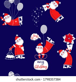 Cute Santa Clauses. Fondo de Navidad. Dibujo sin fisuras en azul. Perfecto para plantillas de diseño de portada, papel de pared, envoltura y textil.