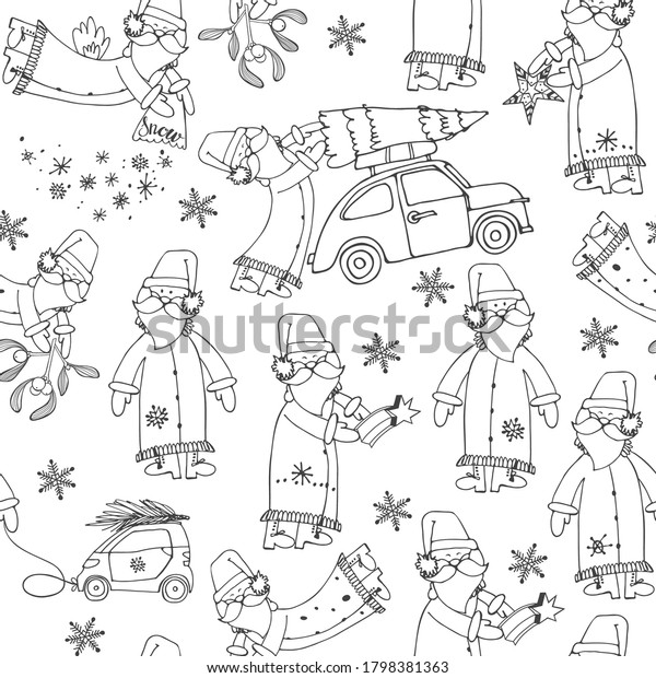 Cute Santa Clauses. Christmas background.
Cartoon seamless pattern on white. Perfect for cover design
templates, wallpaper, wrapping and
textile.