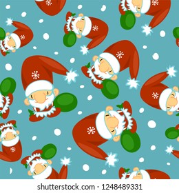 Cute Santa Clauses vector seamless pattern. Can be printed and used as Christmas, New Year, Xmas wrapping paper, background, wallpaper, textile, fabric