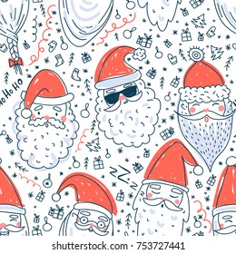 Cute Santa Clauses vector seamless pattern. Can be printed and used as Christmas, New Year, Xmas wrapping paper, background, wallpaper, textile, fabric 