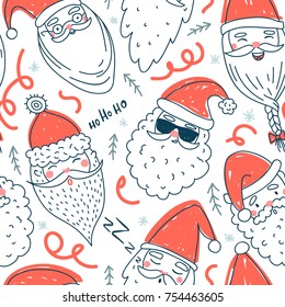 Cute Santa Clauses vector seamless pattern. Can be printed and used as Christmas, New Year, Xmas wrapping paper, background, wallpaper, textile, fabric 