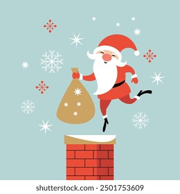 Netter Weihnachtsmann kommt den Schornstein hinunter, Weihnachtskarte