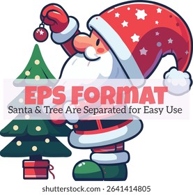 Cute Santa Decorating Christmas Tree – Vector Holiday Illustration