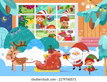 Cute Santa, deer, gnomes prepare Christmas cookies, cake, knitted sock, cartoon style character. Winter scene. Vector color illustration. Picture for poster design, games, books, puzzles.