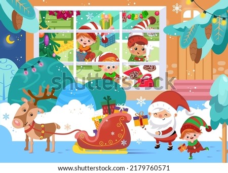 Cute Santa, deer, gnomes prepare Christmas cookies, cake, knitted sock, cartoon style character. Winter scene. Vector color illustration. Picture for poster design, games, books, puzzles.