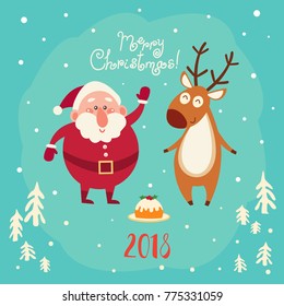 Cute Santa and deer on blue background, good for Christmas & New Year greetings