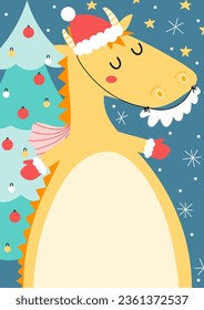 Cute Santa dragon on blue background with christmas tree. Scandinavian flat style animal. Doodle holiday vector illustration.